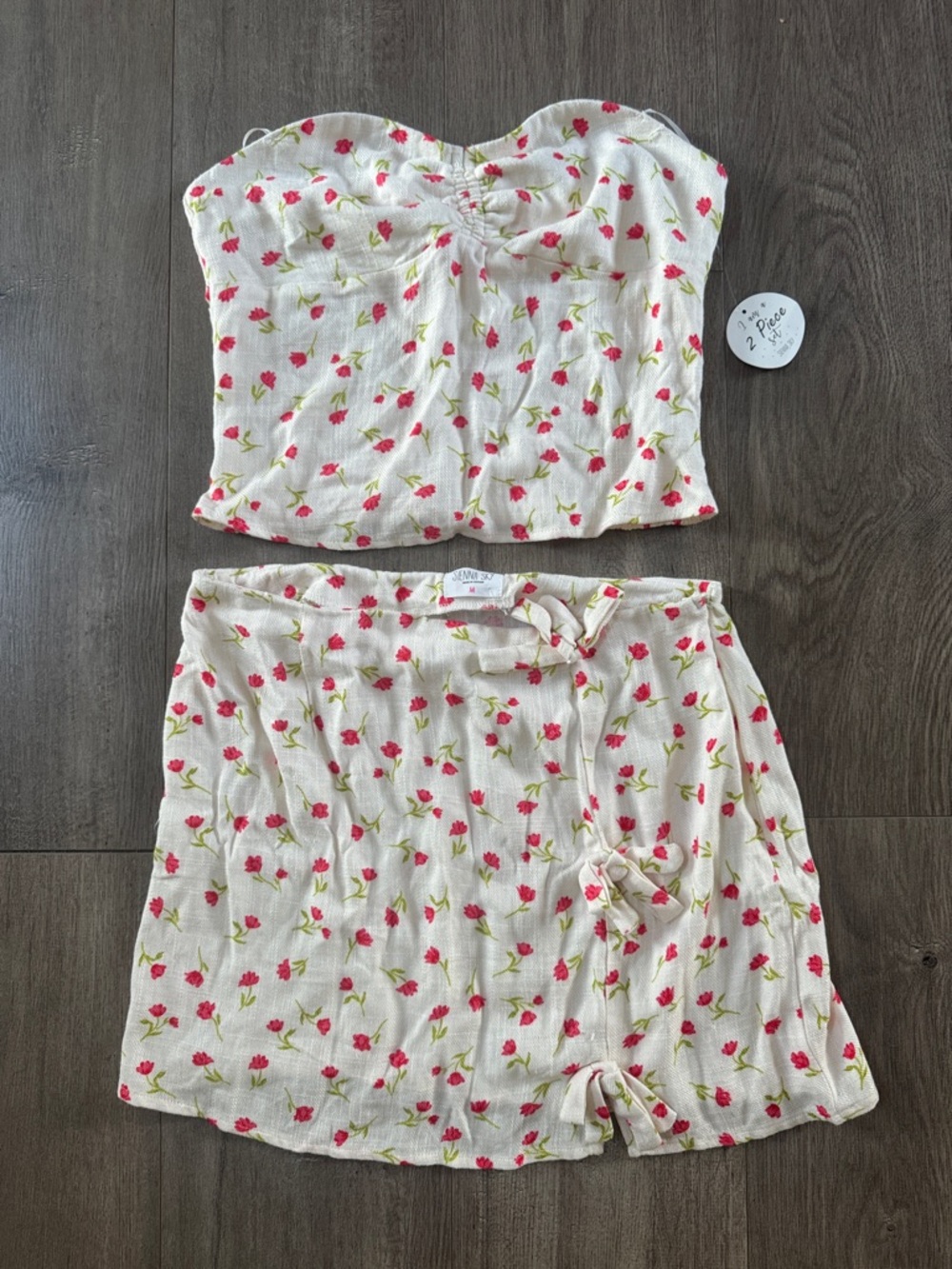 Sienna Sky Cream Floral Strapless Crop Top & Skirt Set with Pink Flowers